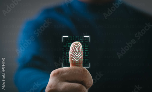 Close-up of a person's thumb with a fingerprint scan overlay, symbolizing biometric authentication and security technology.