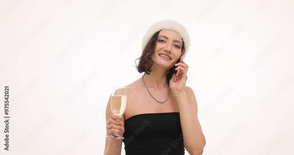 Woman in Santa hat holds glass with champagne talking on phone on white background. Cheerful young female with bare shoulders congratulates friend on holiday Woman in Santa hat holds glass with champagne talking on phone on white background. Cheerful young female with bare shoulders congratulates friend on holiday