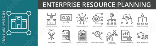 Enterprise resource planning icon collection set contain company facility, network, software, total management, cost planning, and management skill