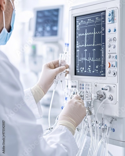 Experts are preparing a dialysis machine for use in critically ill patients in hospital intensive care units.