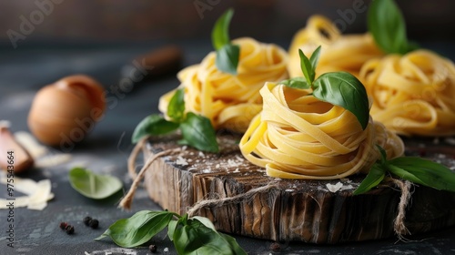 Traditional Italian fettuccine pasta in a nest shape homemade with Italian ingredients photo