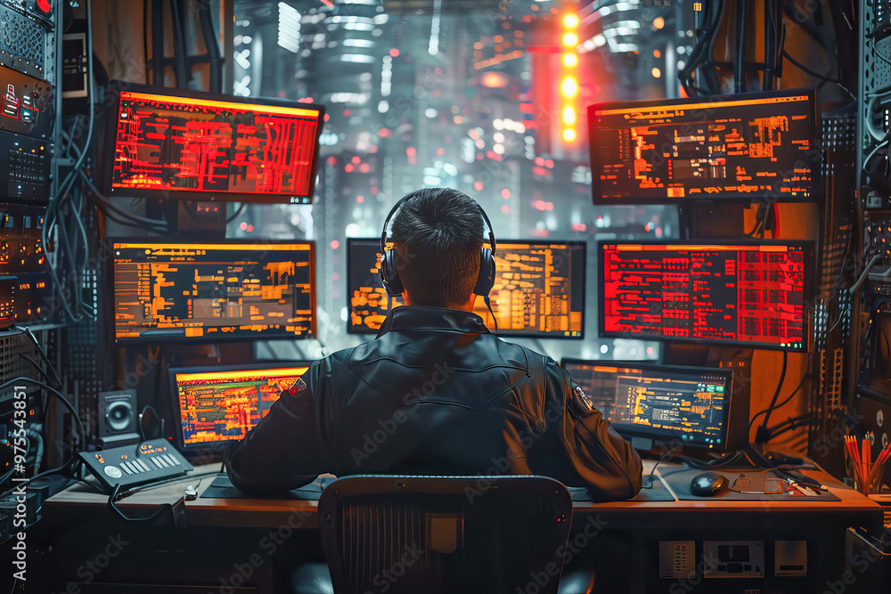 Cybersecurity specialist is working on source code in a futuristic dark office Cybersecurity specialist is working on source code in a futuristic dark office