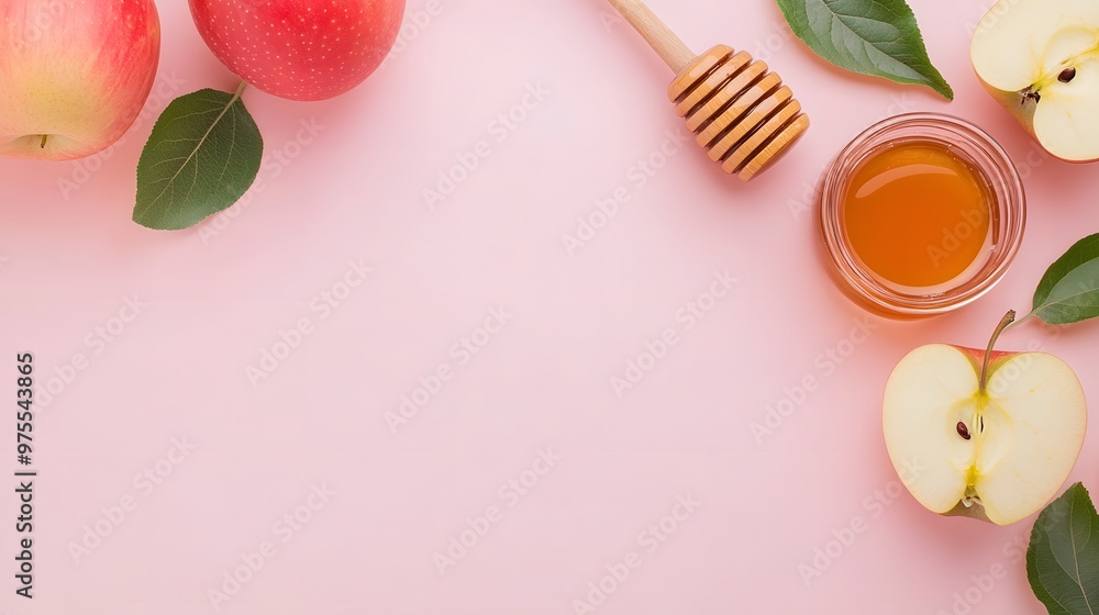 honey and apples white pink background, Generative AI honey and apples white pink background, Generative AI