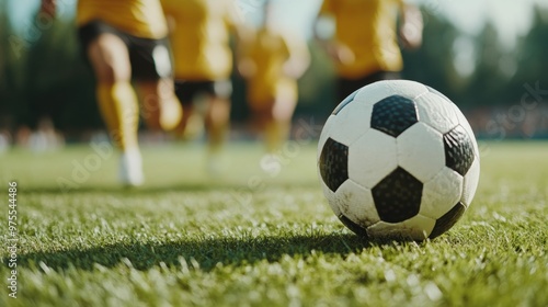 A close-up of a soccer ball on vibrant grass with players in yellow uniforms running in the background, capturing the essence of the game.