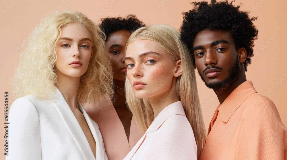 Fototapeta premium A diverse group of people showcasing modern fashion and beauty against a soft, pastel background.