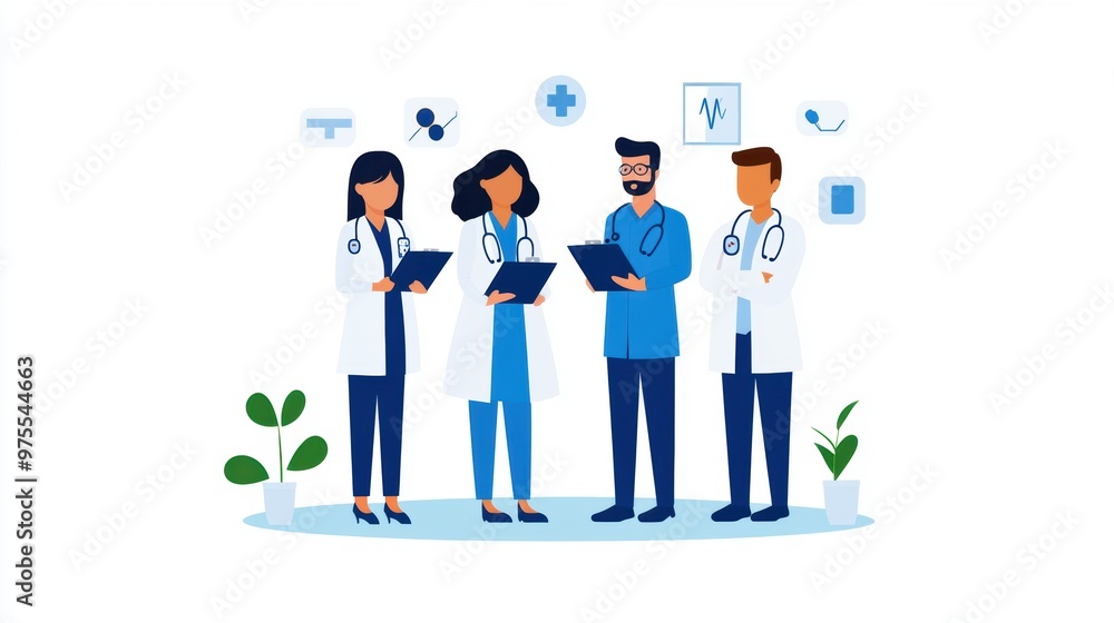 A diverse group of medical professionals discussing patient care and health services in a modern clinic setting. A diverse group of medical professionals discussing patient care and health services in a modern clinic setting.