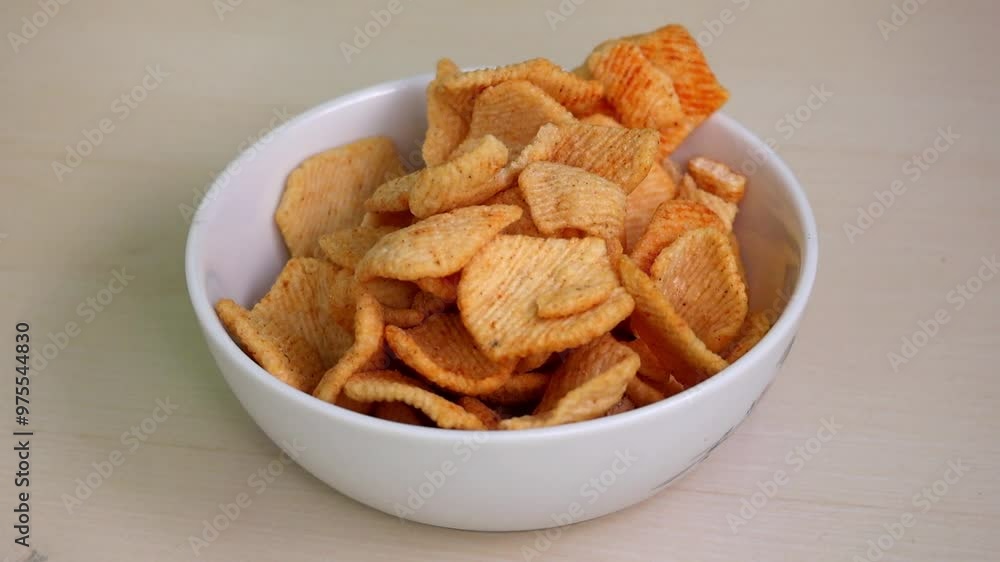 Delicious potato crackers chips seasoned with spices are pouring into a white bowl. Close-up of the tasty crisps. Concept of unhealthy fast food or junk food snacks. Delicious potato crackers chips seasoned with spices are pouring into a white bowl. Close-up of the tasty crisps. Concept of unhealthy fast food or junk food snacks.