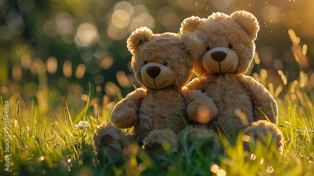 Fototapeta premium Two children teddy bears sit on the grass in the summer in a field in the sun in Ukraine