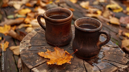 two clay rural cup with hot beverage are on the wooden stumb with autumnal leaves nature background photo