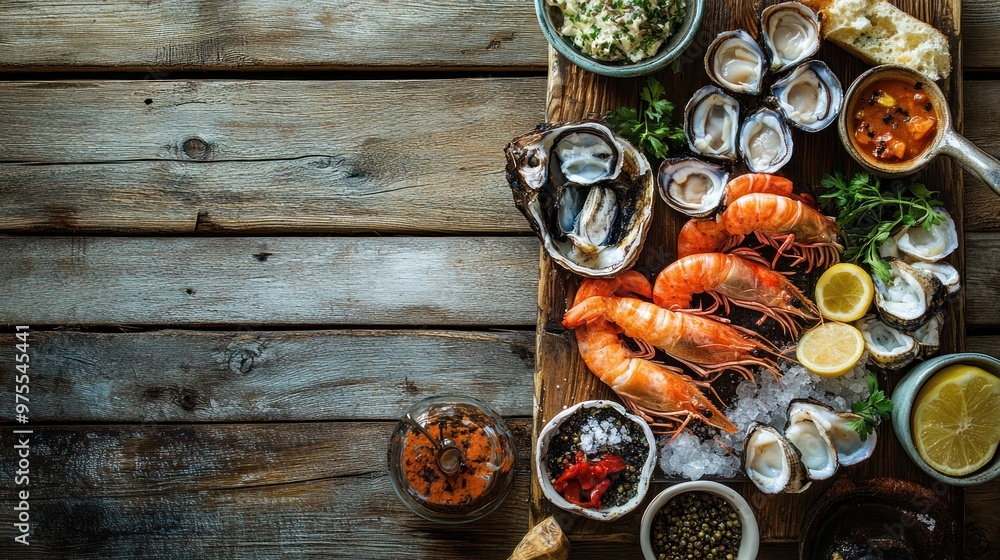 Seafood Platter on Rustic Wooden Background Seafood Platter on Rustic Wooden Background
