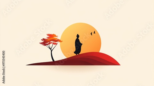 A serene silhouette of a figure meditating against a vibrant sunset, bordered by a stylized tree and gentle hills.