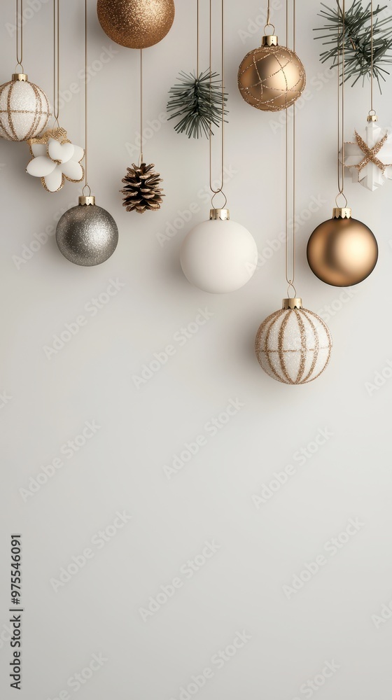 **Description:** A collection of elegant Christmas ornaments hanging against a neutral wall, featuring various shapes and metallic finishes. **Description:** A collection of elegant Christmas ornaments hanging against a neutral wall, featuring various shapes and metallic finishes.