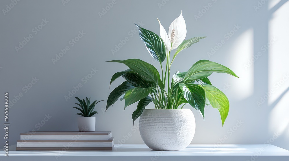 Elegant Peace Lily in White Pot with Soft Sunlight, Minimalist Indoor Plant Decoration Elegant Peace Lily in White Pot with Soft Sunlight, Minimalist Indoor Plant Decoration