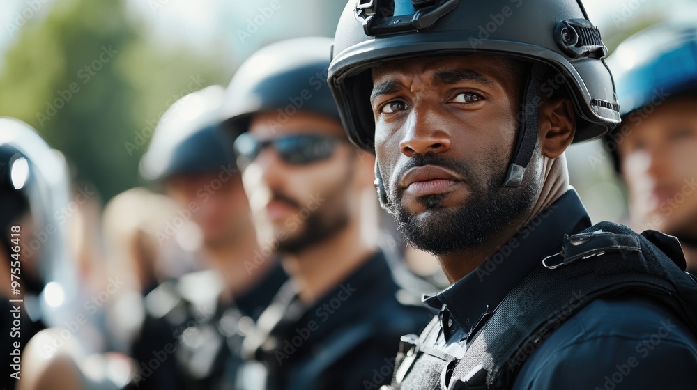 Close-up of a focused police officer in tactical gear, showcasing determination and readiness during a public event. Close-up of a focused police officer in tactical gear, showcasing determination and readiness during a public event.