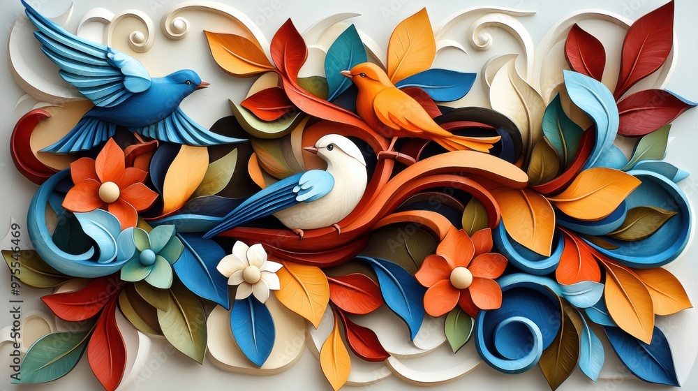 Colorful 3D birds and leaves design featuring intricate floral elements, perfect for nature and art enthusiasts. Colorful 3D birds and leaves design featuring intricate floral elements, perfect for nature and art enthusiasts.