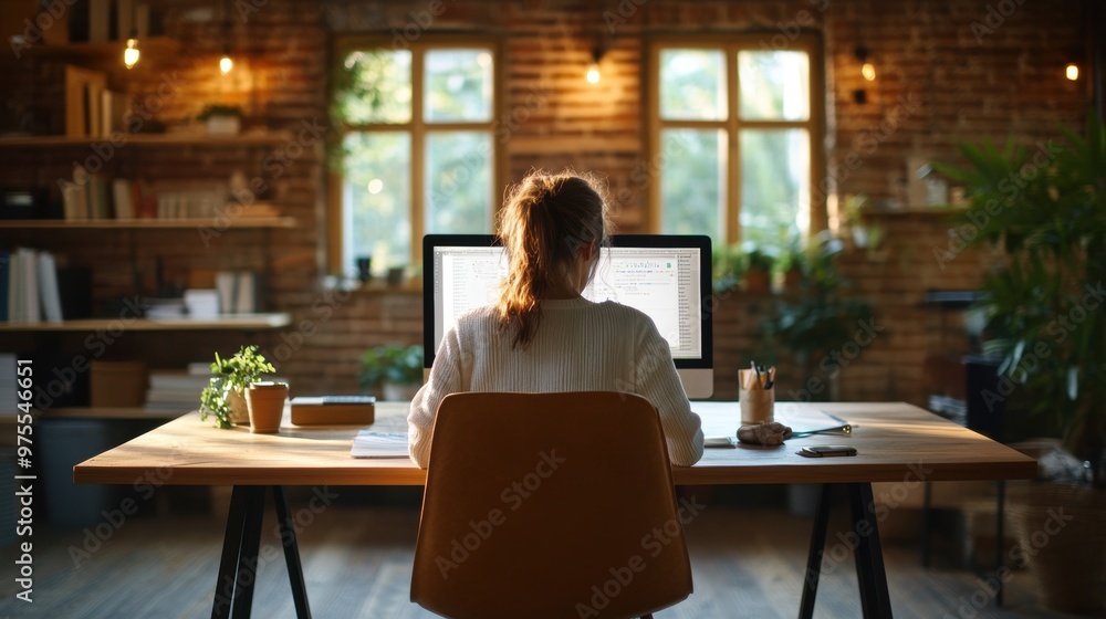 Cozy home office scene with a woman working at a computer, surrounded by plants and warm natural light. Cozy home office scene with a woman working at a computer, surrounded by plants and warm natural light.