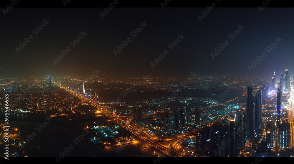 Nighttime panorama of Dubai, showcasing the vibrant lights of the city against the dark backdrop of the desert Nighttime panorama of Dubai, showcasing the vibrant lights of the city against the dark backdrop of the desert