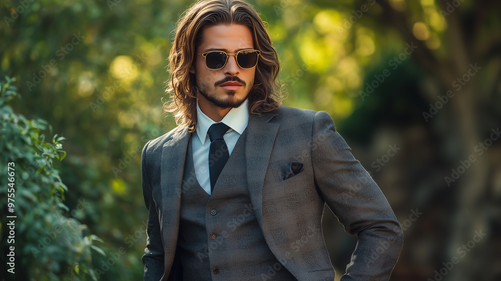 Portrait of sexy handsome fashion male model dressed in elegant suit posing outdoor. Long haired Metrosexual. Attractive man posing for a fashion shoot.