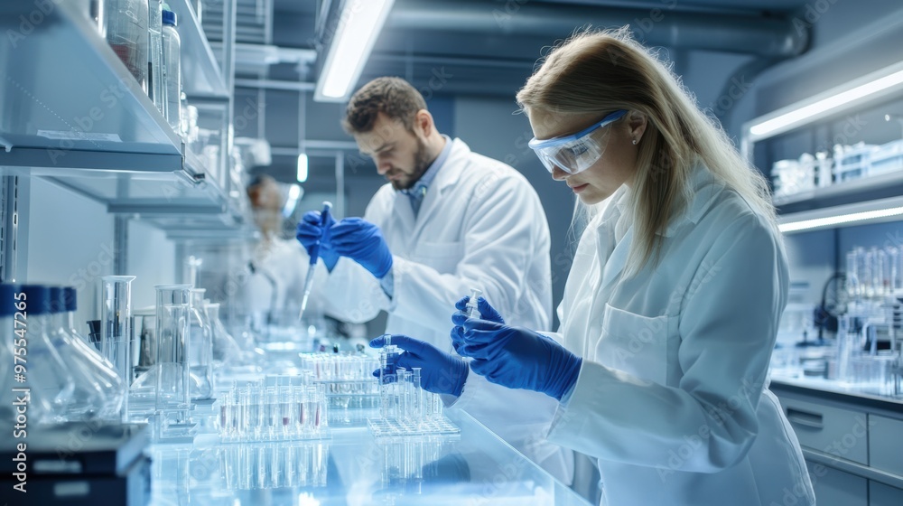 Scientists conduct experiments in a modern laboratory, showcasing teamwork and precision in research and analysis. Scientists conduct experiments in a modern laboratory, showcasing teamwork and precision in research and analysis.
