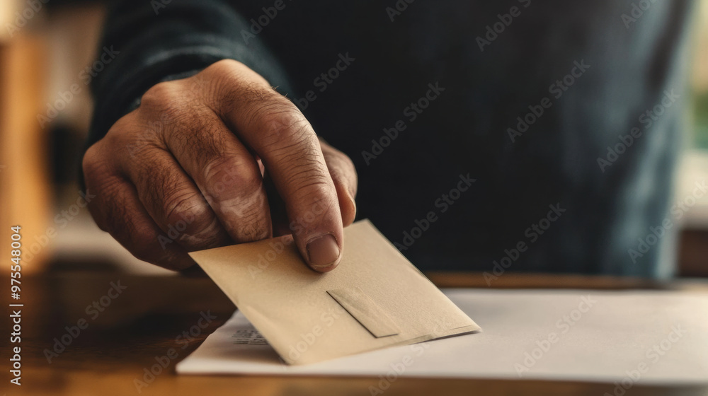 A close up of hand sealing an envelope, showcasing careful attention to detail in process of preparing mail. This moment captures essence of communication and connection A close up of hand sealing an envelope, showcasing careful attention to detail in process of preparing mail. This moment captures essence of communication and connection