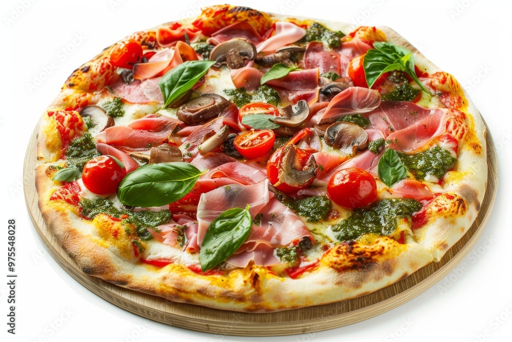 Parma Ham Pizza with Porcini Mushrooms, Mozzarella, Basil, Cherry Tomatoes, Pesto Parma Ham Pizza with Porcini Mushrooms, Mozzarella, Basil, Cherry Tomatoes, Pesto