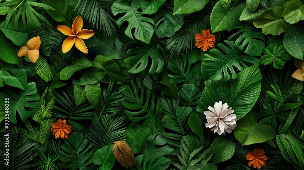 Vibrant tropical foliage featuring lush green leaves and colorful flowers, perfect for nature-themed designs and backgrounds. Vibrant tropical foliage featuring lush green leaves and colorful flowers, perfect for nature-themed designs and backgrounds.
