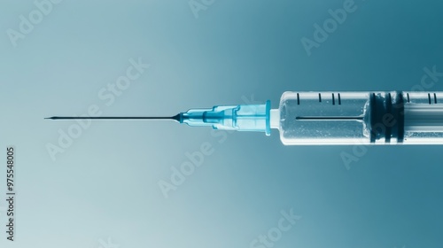 view of a medical syringe. The needle is sharp and ready for use. This image represents healthcare, medical supplies, and the importance of vaccinations