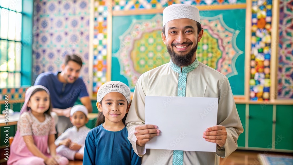 Muslim Man Holding Blank Poster in Colorful Classroom with Islamic Ornaments Muslim Man Holding Blank Poster in Colorful Classroom with Islamic Ornaments