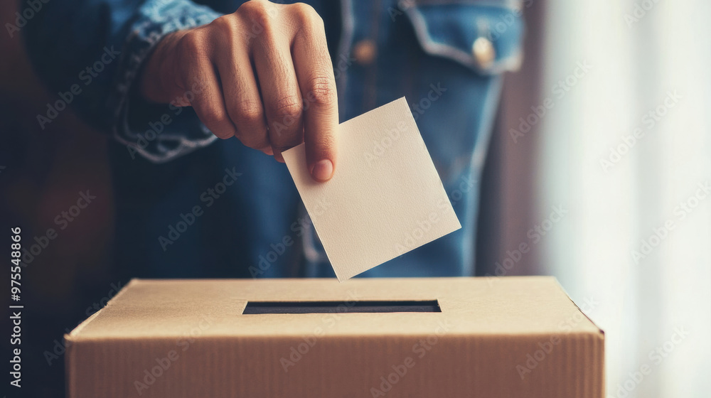 A close up of hand placing ballot into voting box, symbolizing civic engagement and participation in democracy. scene captures importance of voting and electoral process A close up of hand placing ballot into voting box, symbolizing civic engagement and participation in democracy. scene captures importance of voting and electoral process