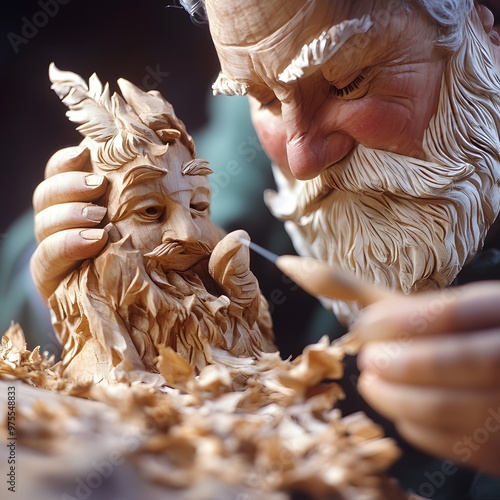 A master woodworker carving an ornate wooden figure, with delicate details and patterns emerging as the wood shavings fall away. photo