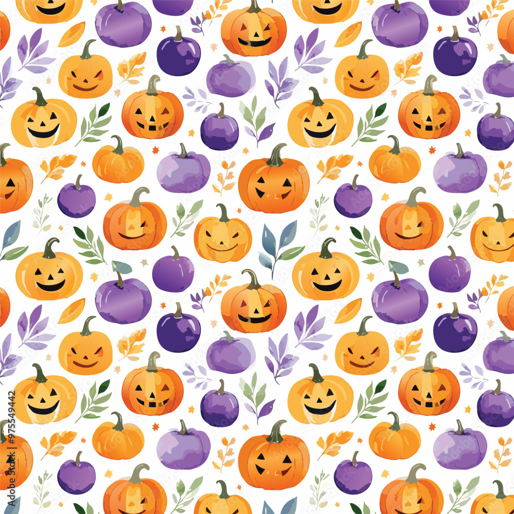 A cheerful festive pattern of pumpkins and autumn leaves for Halloween celebrations A cheerful festive pattern of pumpkins and autumn leaves for Halloween celebrations