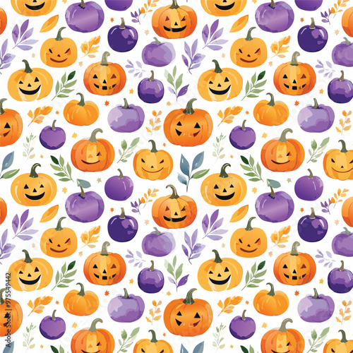 A cheerful festive pattern of pumpkins and autumn leaves for Halloween celebrations