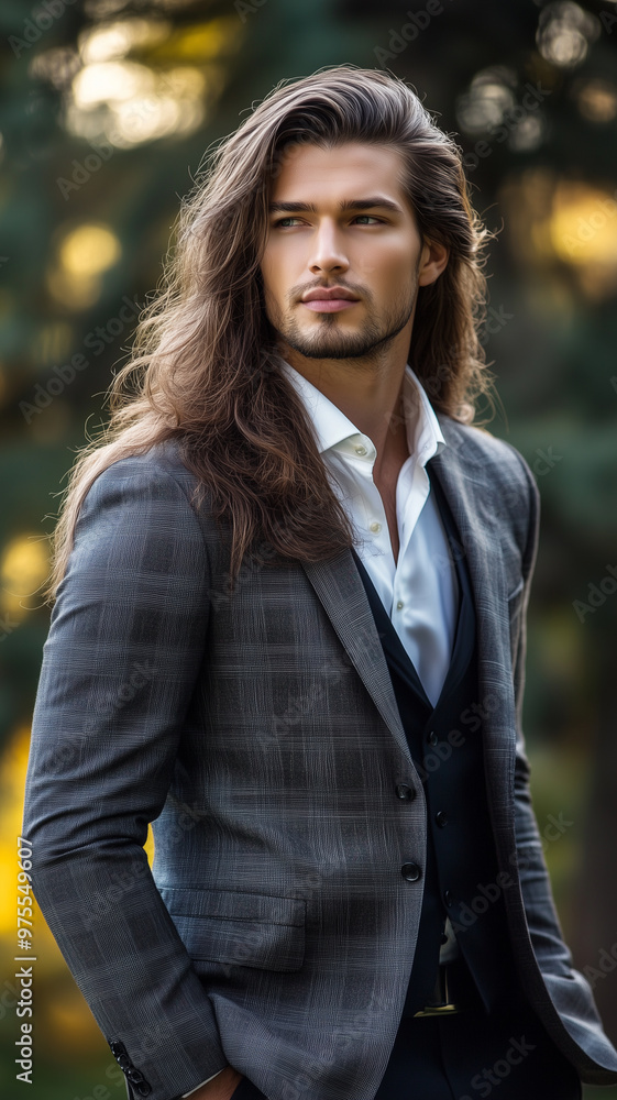Portrait of sexy handsome fashion male model dressed in elegant suit posing outdoor. Long haired Metrosexual. Attractive man posing for a fashion shoot. Portrait of sexy handsome fashion male model dressed in elegant suit posing outdoor. Long haired Metrosexual. Attractive man posing for a fashion shoot.