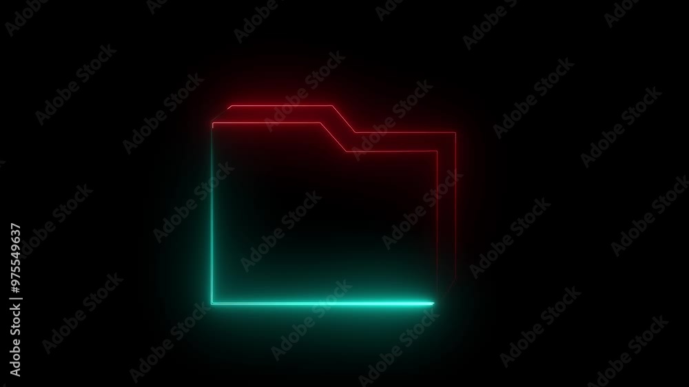 Red and cyan color Neon glowing mobile device folder icon animated on black background. Animation of folder opening and closing. Computer file folder with documents. Digital folder icon concept. Red and cyan color Neon glowing mobile device folder icon animated on black background. Animation of folder opening and closing. Computer file folder with documents. Digital folder icon concept.