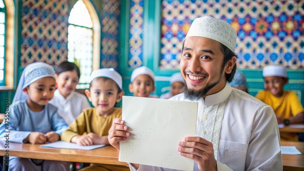 Muslim Man Holding Blank Poster in Colorful Classroom with Islamic Ornaments Muslim Man Holding Blank Poster in Colorful Classroom with Islamic Ornaments