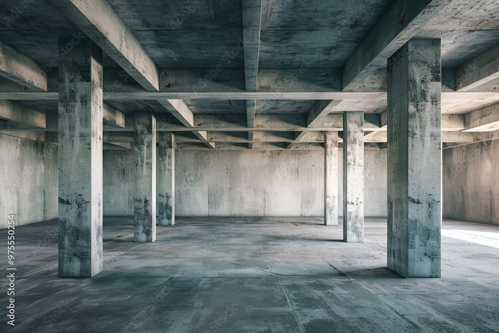 Concrete room with abstract interior, Open space, Industrial background template,Abstract large, empty, modern concrete room, indirect light from behind wall, pillars on the back wall and rough floor Concrete room with abstract interior, Open space, Industrial background template,Abstract large, empty, modern concrete room, indirect light from behind wall, pillars on the back wall and rough floor