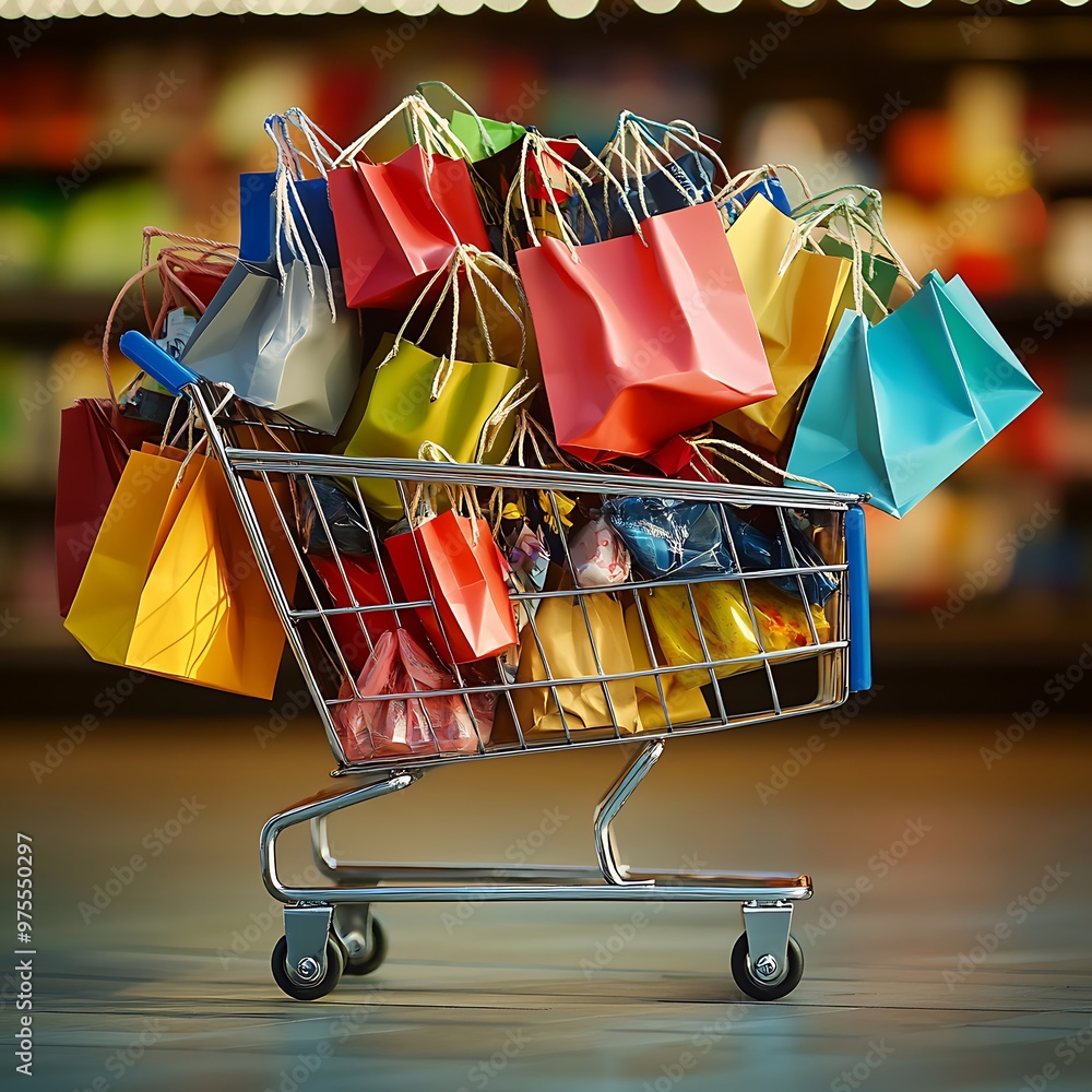 Overflowing Shopping Cart in Retail Paradise: A miniature shopping cart bursts with vibrant shopping bags, set against a blurred supermarket aisle, embodying consumerism and retail therapy.