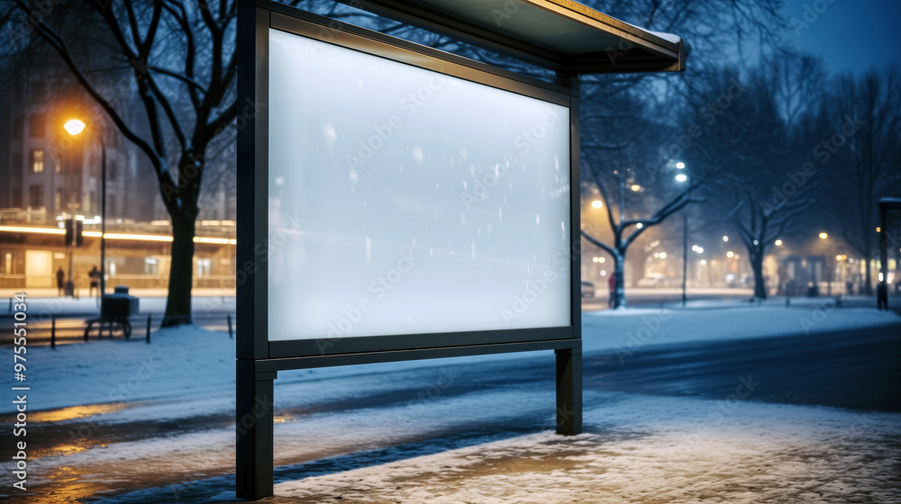 Blank Advertising Billboard on City Street During Nighttime With City Lights in Background Blank Advertising Billboard on City Street During Nighttime With City Lights in Background