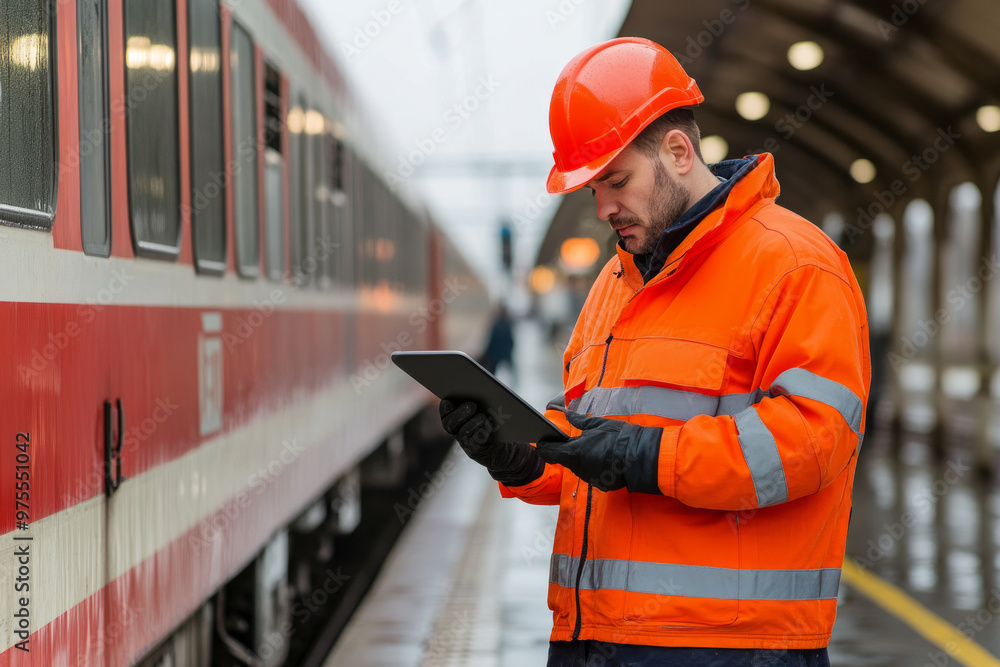 Railway worker using a tablet computer in a bright orange uniform while monitoring train schedules at the station Railway worker using a tablet computer in a bright orange uniform while monitoring train schedules at the station