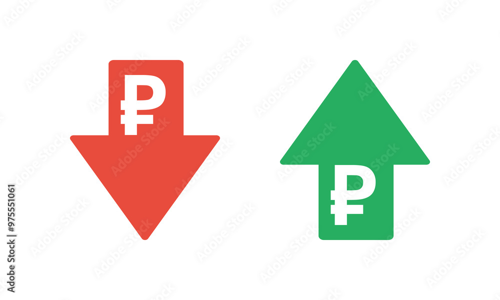 russian ruble sign with green up and red down arrows, tax or inflation indicator, price or income vector icon russian ruble sign with green up and red down arrows, tax or inflation indicator, price or income vector icon