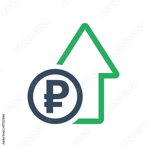 ruble coin and green arrow, positive economic dynamic concept, russian currency increase exchange rate indicator