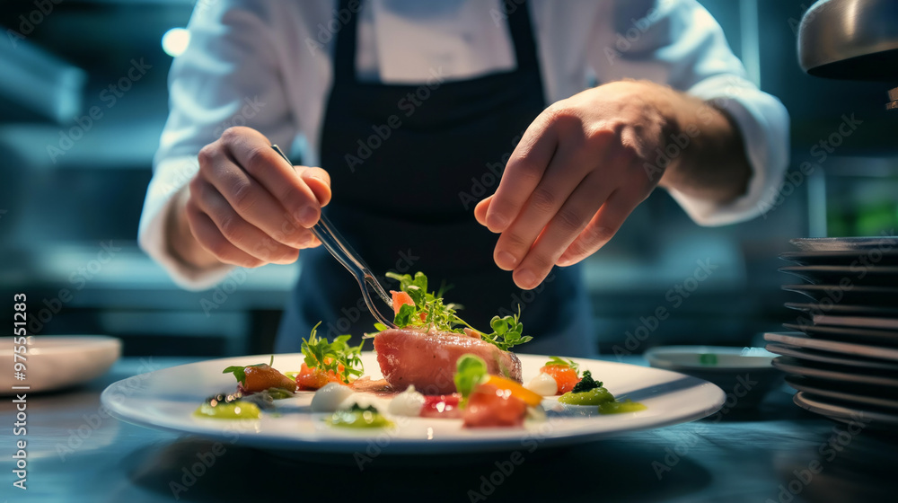 A chef artistically plating gourmet cuisine with precision in a modern restaurant kitchen during dinner service A chef artistically plating gourmet cuisine with precision in a modern restaurant kitchen during dinner service