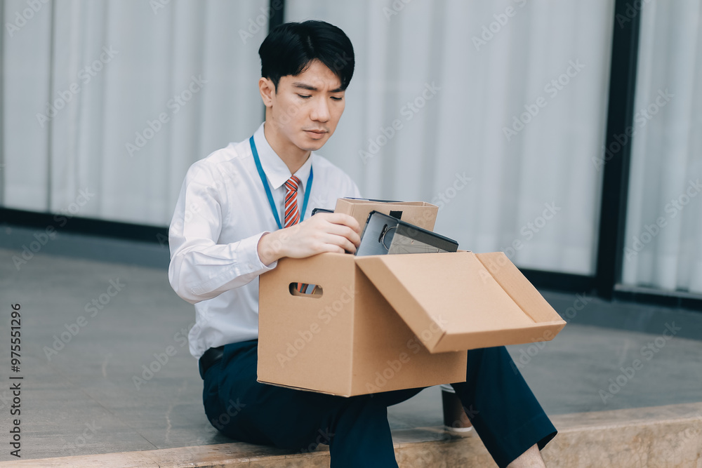 Sadness depressed Businessman with box cardboard packing personal items after losing jobs. Failure businessman sitting at stair front of building. Your fired Unemployed Jobless People Crisis Sadness depressed Businessman with box cardboard packing personal items after losing jobs. Failure businessman sitting at stair front of building. Your fired Unemployed Jobless People Crisis