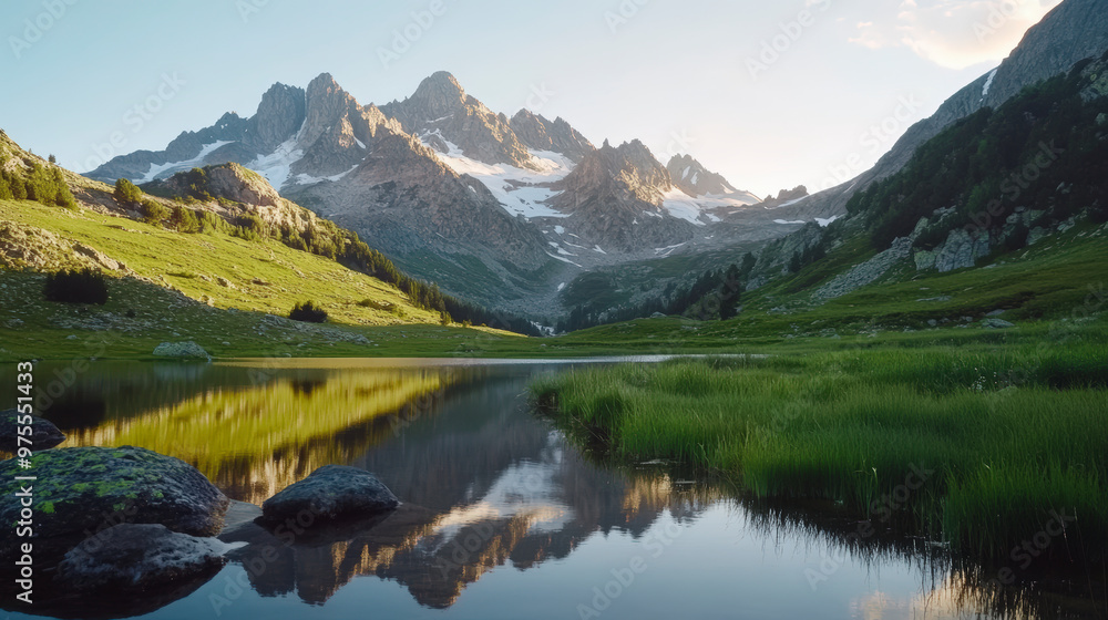 A serene mountain landscape with a tranquil lake reflecting the snowy peaks and lush green meadows, surrounded by rocky terrain under a clear sky. A serene mountain landscape with a tranquil lake reflecting the snowy peaks and lush green meadows, surrounded by rocky terrain under a clear sky.