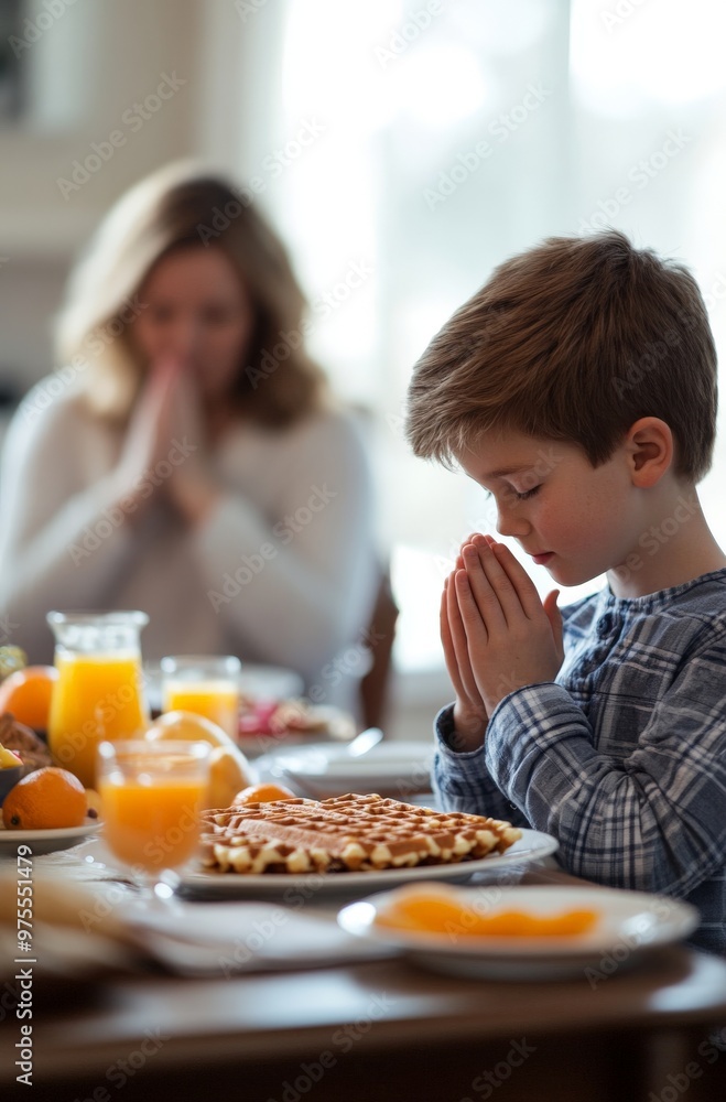 Child praying during family breakfast with waffles and orange juice Child praying during family breakfast with waffles and orange juice
