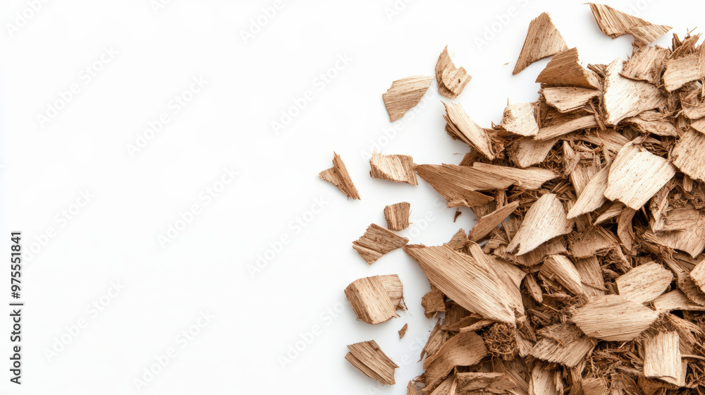 A close-up of scattered wood chips on a white surface, showing a mix of small, broken wooden pieces. A close-up of scattered wood chips on a white surface, showing a mix of small, broken wooden pieces.