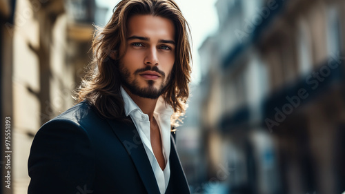 Portrait of sexy handsome fashion male model dressed in elegant suit posing outdoor. Long haired Metrosexual. Attractive man posing for a fashion shoot.