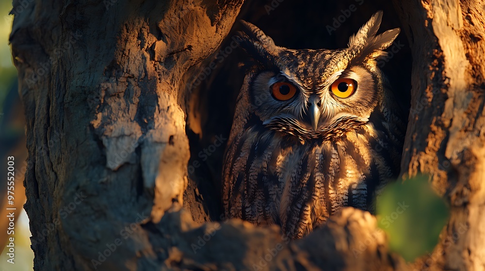 A regal owl sitting quietly in the hollow of an ancient tree, its eyes glowing in the dusk A regal owl sitting quietly in the hollow of an ancient tree, its eyes glowing in the dusk