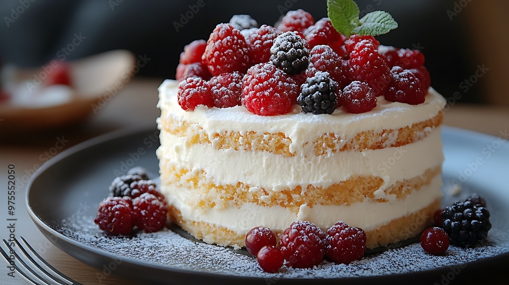 custom made wallpaper toronto digitalA small cake with whipped cream and raspberries, blackberries, and red currants on a gray plate.