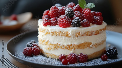 Wallpaper Mural A small cake with whipped cream and raspberries, blackberries, and red currants on a gray plate. Torontodigital.ca